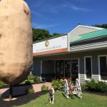 happy dog stands next to giant potato at Potato Museum in O'Leary, Prince Edward Island