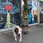 dog in from of green alien statue