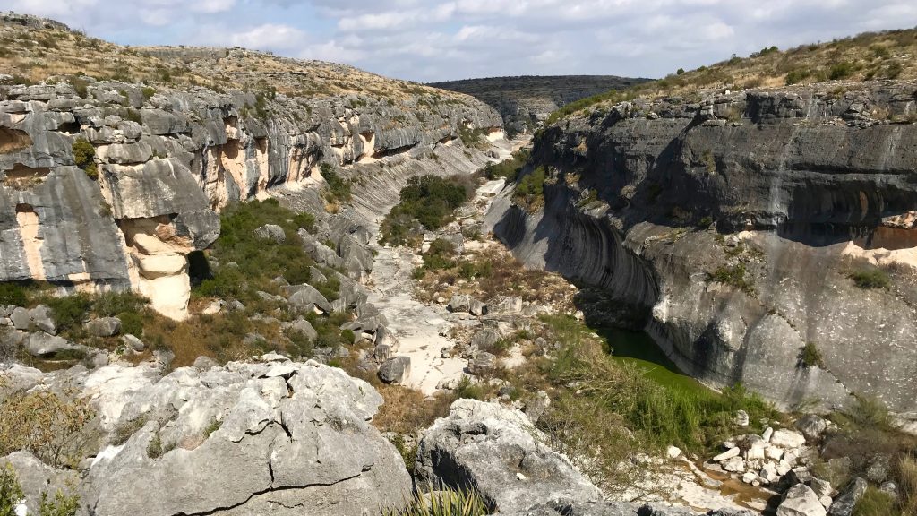 A view from the rim of Seminole Canyon shows the steep limestone sides carved through eons of erosion. Pools of water and green shrubs dot the floor of the canyon.